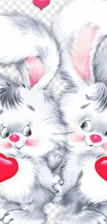 Cartoon bunnies holding red hearts on a soft white background.