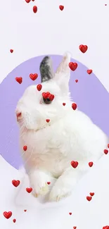 Cute white bunny surrounded by hearts on a lavender circle background.