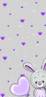 Cute bunny with purple heart balloon on starry background wallpaper.