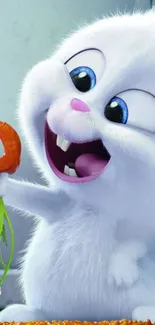 White fluffy bunny holding a carrot-shaped key.