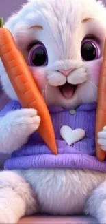 Cute cartoon bunny with carrots in purple sweater.