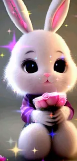 Cute bunny holding pink roses with colorful sparkles background.