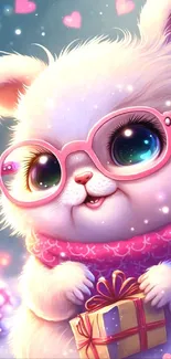 Cute bunny in pink glasses holding a gift with a heart background.