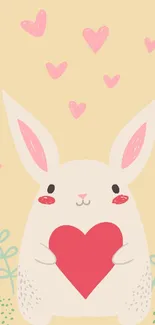 Cartoon bunny holding heart on pastel background wallpaper.