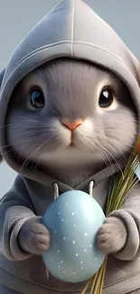 Cute bunny in a hoodie with an Easter egg.