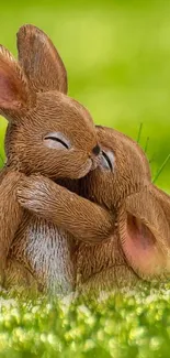 Two brown bunnies hugging in a green field wallpaper.