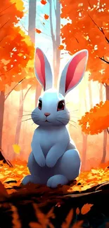 Cartoon bunny amidst bright autumn leaves in a forest setting.