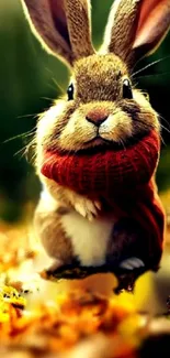 Charming bunny in red scarf amid autumn leaves.