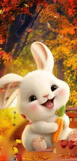 Cute bunny holding carrot in vibrant autumn scene.