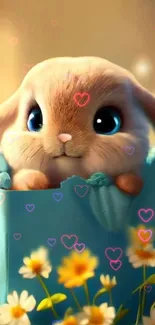 Cute bunny in a teal basket with hearts and flowers.