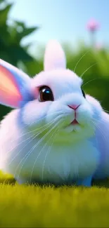 Adorable bunny in bright green meadow.