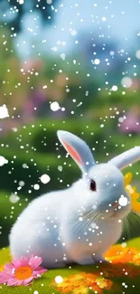 Adorable fluffy white bunny among vibrant spring flowers.