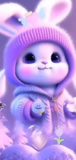 Cute bunny in a lilac hoodie with a pastel winter background.