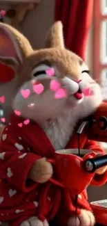 Animated bunny enjoys coffee in a cozy kitchen with heart decor.