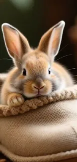 Cute bunny in a beige slipper with cozy surroundings.