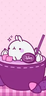 Adorable bunny sitting in purple mug with sweets.