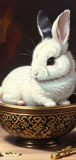 Adorable white bunny sitting in a decorative golden bowl with elegant details.