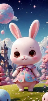 Adorable bunny in fantasy world with castle and balloons.