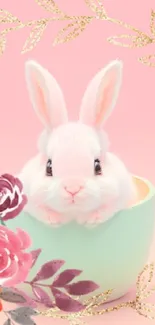 Cute bunny in a cup with floral design on pink background wallpaper.