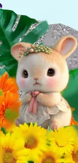 Cute bunny surrounded by colorful flowers and lush green leaves.