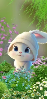 Cute bunny wearing a hat in a colorful flower garden.