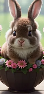 Adorable brown bunny in a flower pot with colorful blooms.