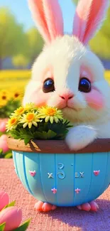 Cute bunny in a blue flower pot with yellow flowers and a vibrant background.