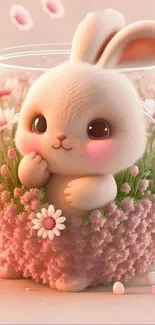 Cute bunny sitting in a pink floral pot, perfect for a whimsical wallpaper.