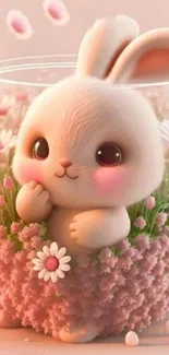 Cute bunny in a pink flower vase, perfect mobile wallpaper.