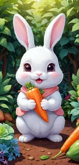 Adorable cartoon bunny holding a carrot in a lush garden.