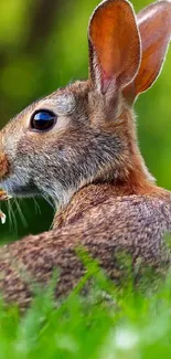 A cute bunny holding a flower in green grass.