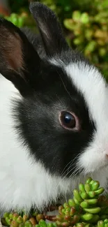 Black and white bunny surrounded by green plants in a garden setting.