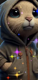 Cute bunny wearing a hoodie with large eyes and a charming expression.