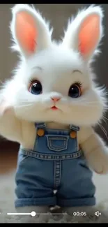 Adorable bunny in denim overalls waving happily.