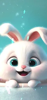 Charming white bunny with pink ears on a teal background mobile wallpaper.