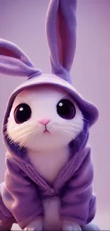 Cartoon bunny in purple hoodie, cozy and cute mobile wallpaper.