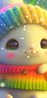 Adorable cartoon bunny in rainbow sweater, perfect for mobile wallpaper.