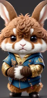 Cute bunny in blue and gold royal attire on dark background.