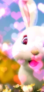 Cute white bunny in field of yellow flowers under blue sky.