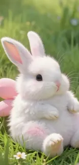 Fluffy bunny in a spring meadow with pink ears.