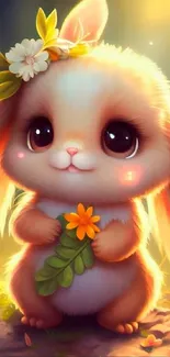 Cute bunny with flowers in sunlight, ideal for mobile wallpaper.