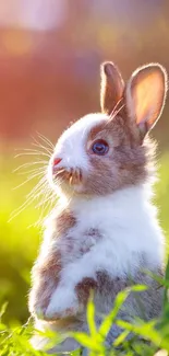 Cute bunny sitting in sunlit grass.