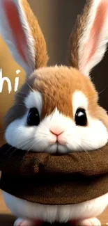 Cute fluffy bunny in a cozy brown sweater with 'hi' text on mobile wallpaper.