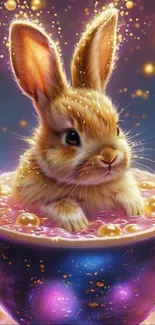 Cute bunny in a colorful cup with magical sparkles.