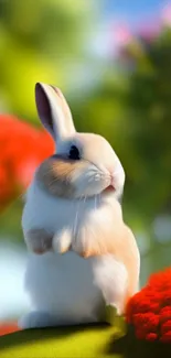 Cute bunny in a vibrant garden with red flowers.