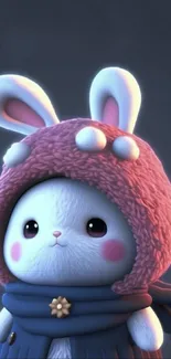 Cute bunny wearing winter attire with pink hat and scarf.