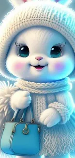 Cute bunny in winter attire with blue bag.