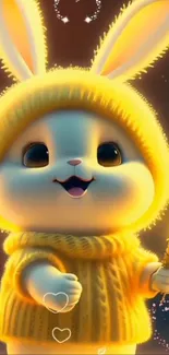 Cute bunny in yellow knitted outfit with a glowing lightbulb.