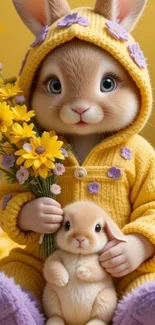 A cute cartoon bunny in a yellow outfit holding flowers.