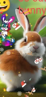 Adorable brown and white bunny with emoji on a vibrant green background.